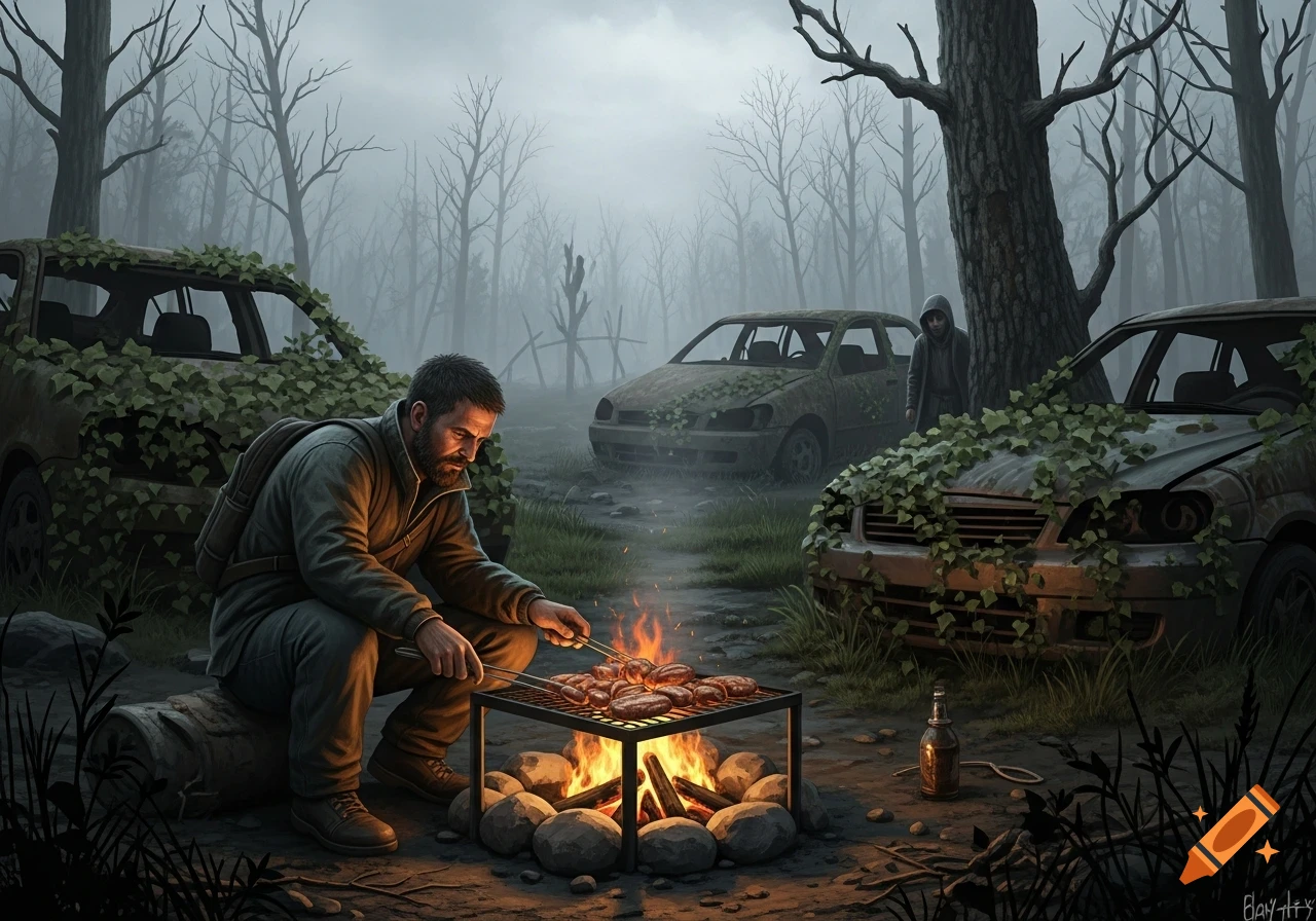 A bearded man cooks meat over a campfire in a foggy, post-apocalyptic forest with abandoned, overgrown cars and a hidden figure. Illustration.