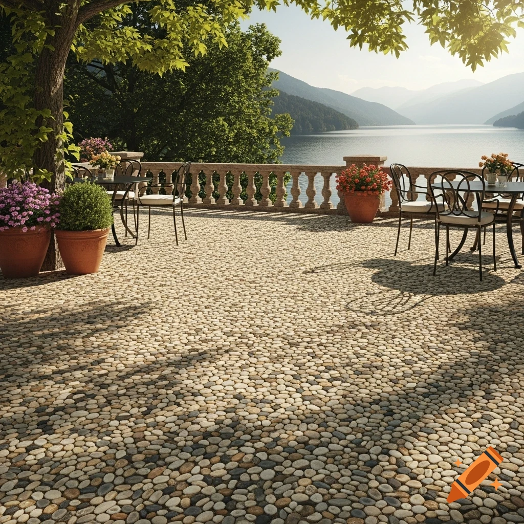 A beautiful stone-paved outdoor patio with tables, chairs, and potted plants, overlooking a serene lake and distant mountains under a clear sky.