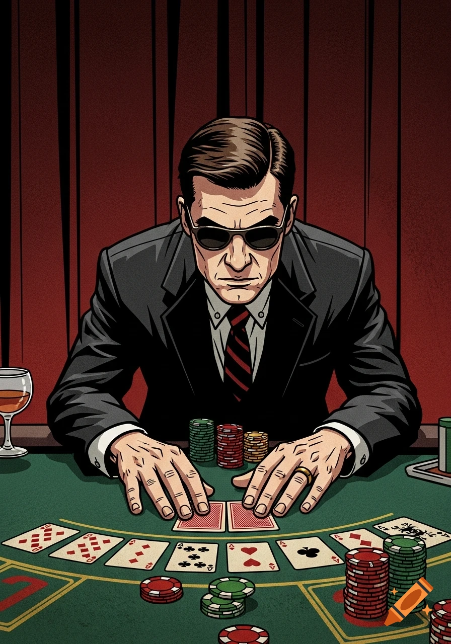 Stylized illustration of a serious man in sunglasses and a suit playing poker at a casino table, with cards and chips.