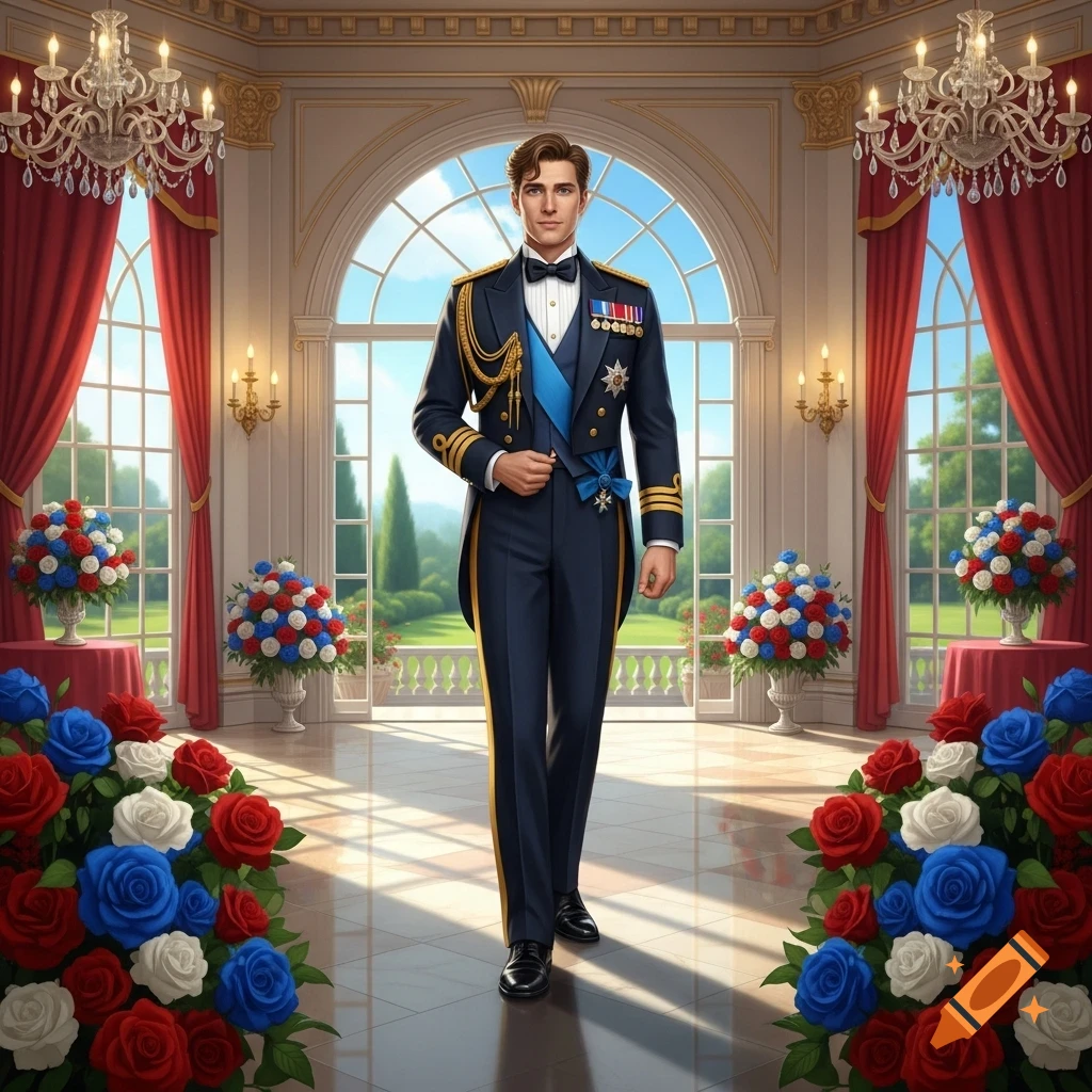 A man in a dark blue military uniform with gold trim stands in a grand ballroom adorned with red, white, and blue roses.