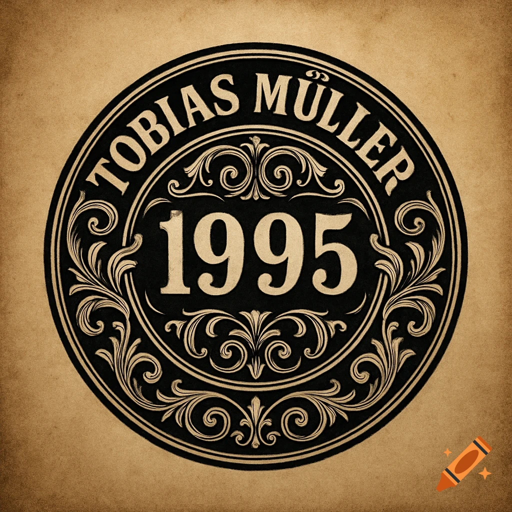 A vintage-style circular emblem featuring 'TOBIAS MÜLLER' and '1995' with ornate scrollwork on a textured beige background.