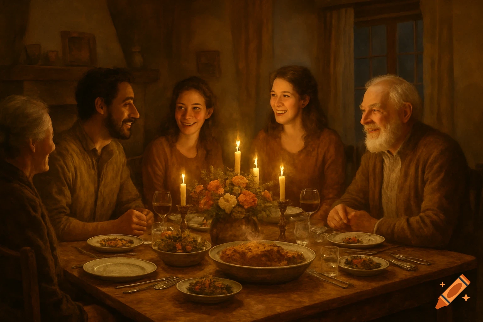 Five people, including an older woman and man, share a candlelit dinner, laughing around a table filled with food and wine glasses, in a warm, painting-like style.