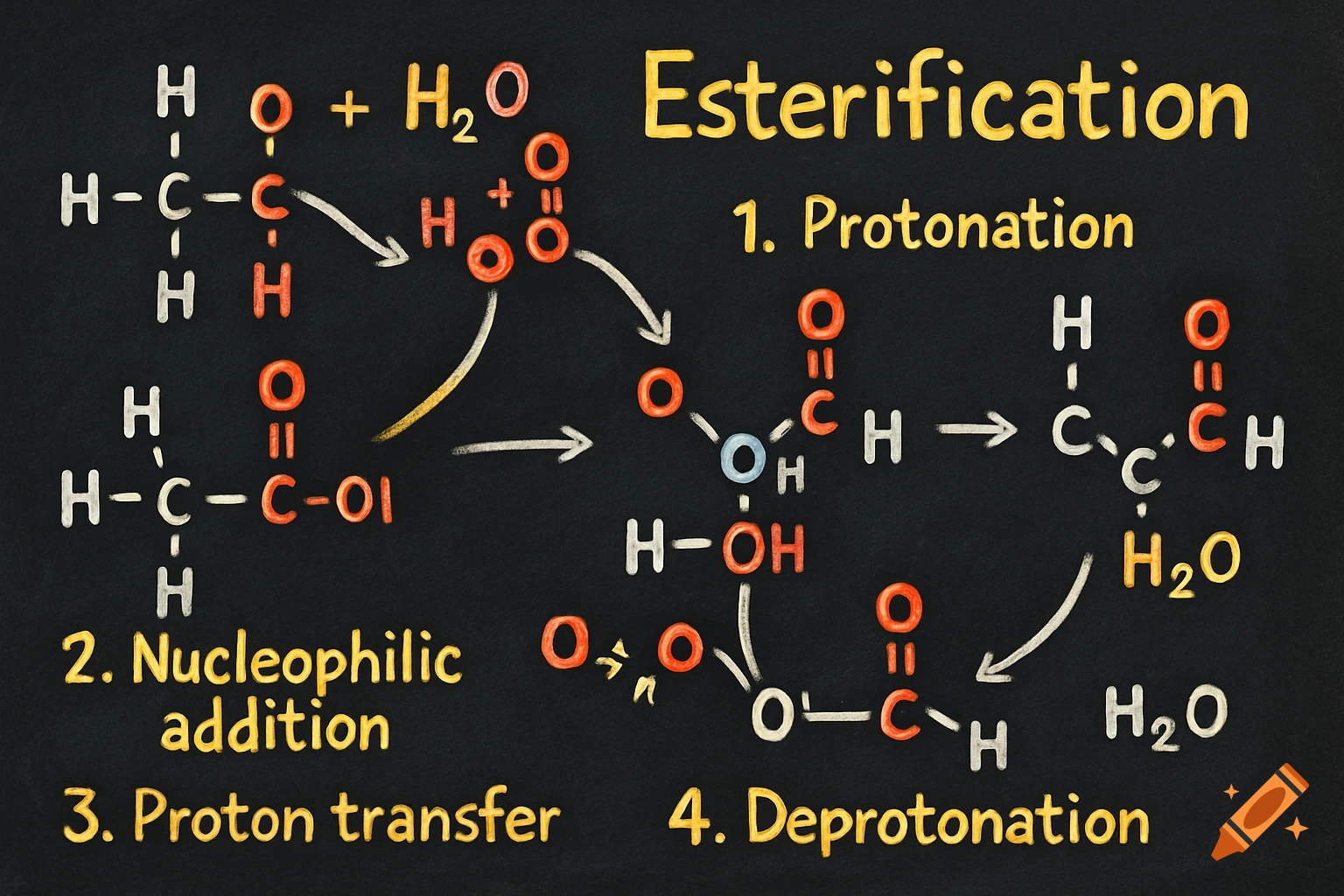 Hand-drawn organic chemistry diagram on a chalkboard, showing the four-step esterification reaction mechanism with chemical structures.