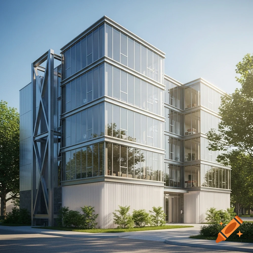 A modern five-story glass and metal building with a ribbed base, external X-bracing, and trees under a clear sky.