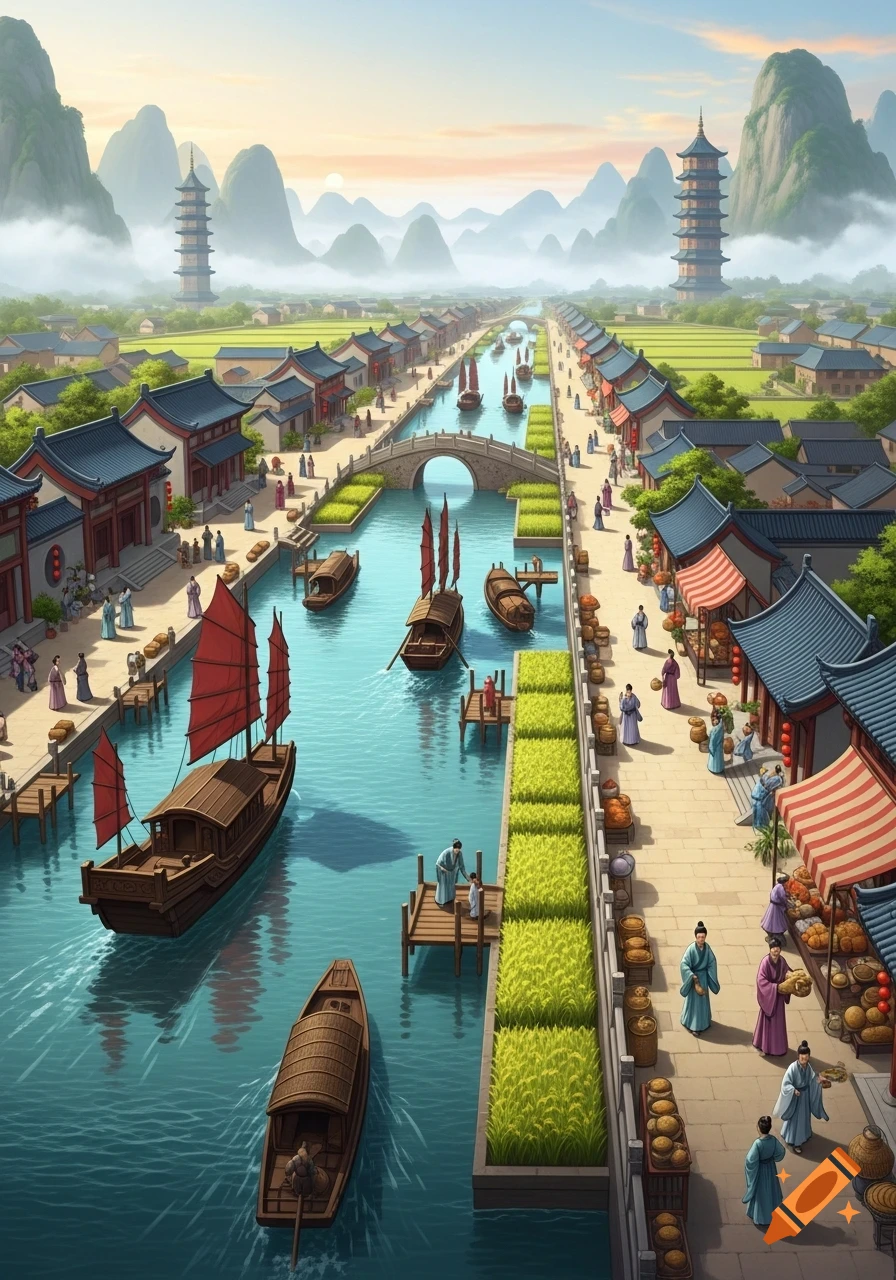 Vibrant illustrated Chinese canal city with traditional buildings, boats, people, and mountains with pagodas in the background.