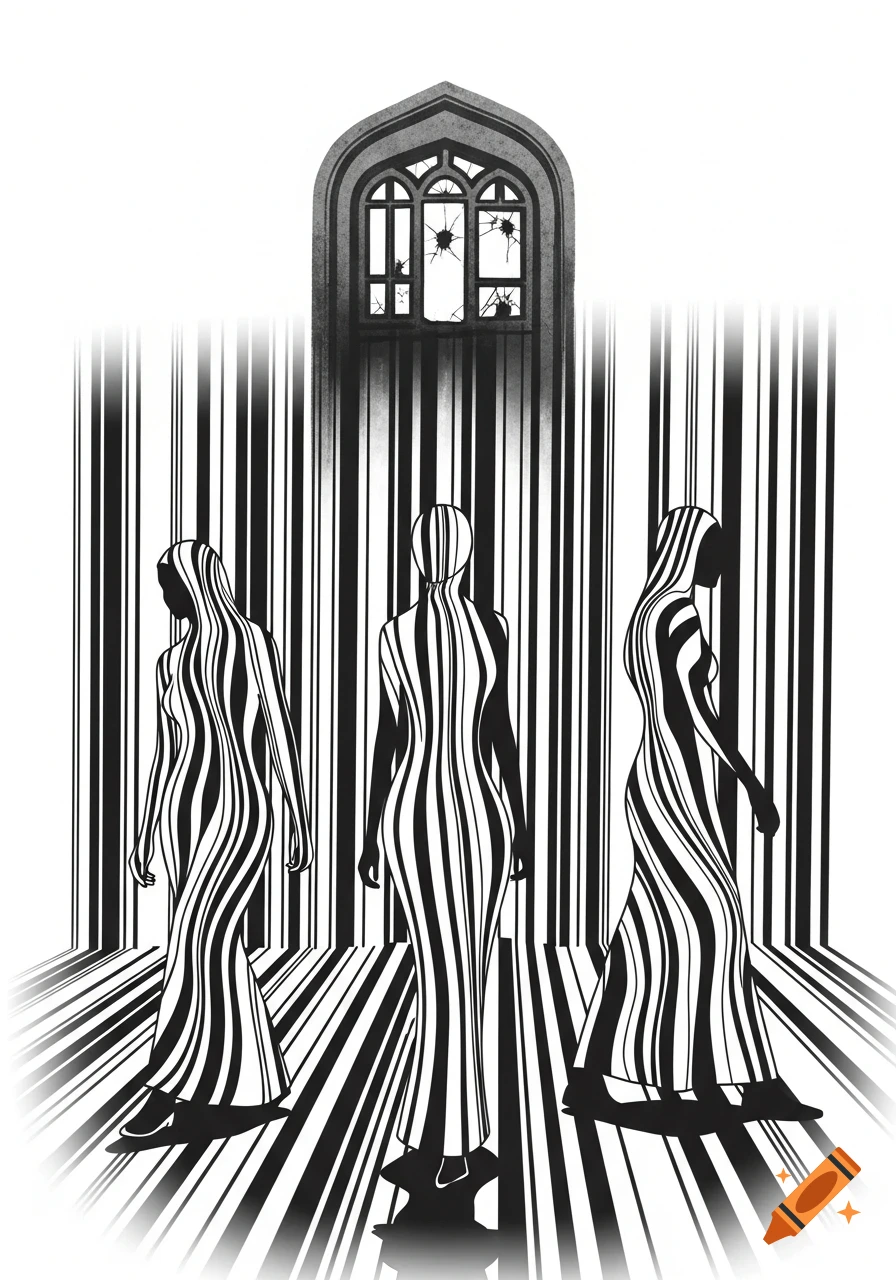 Three abstract female figures, made of black and white stripes, walk through a barcode landscape under a broken arched window.