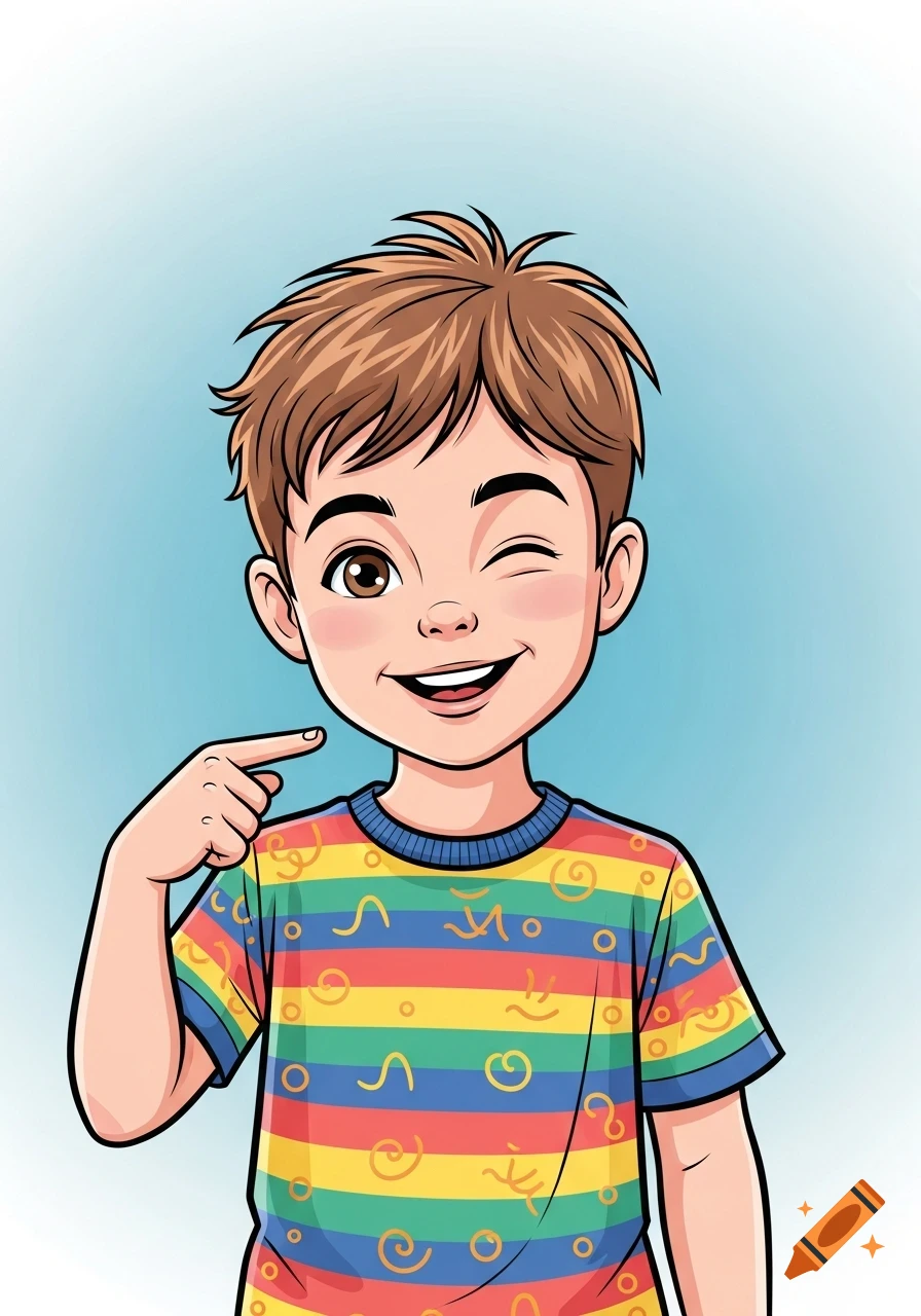 A happy cartoon boy with brown hair in a rainbow-striped shirt winks ...