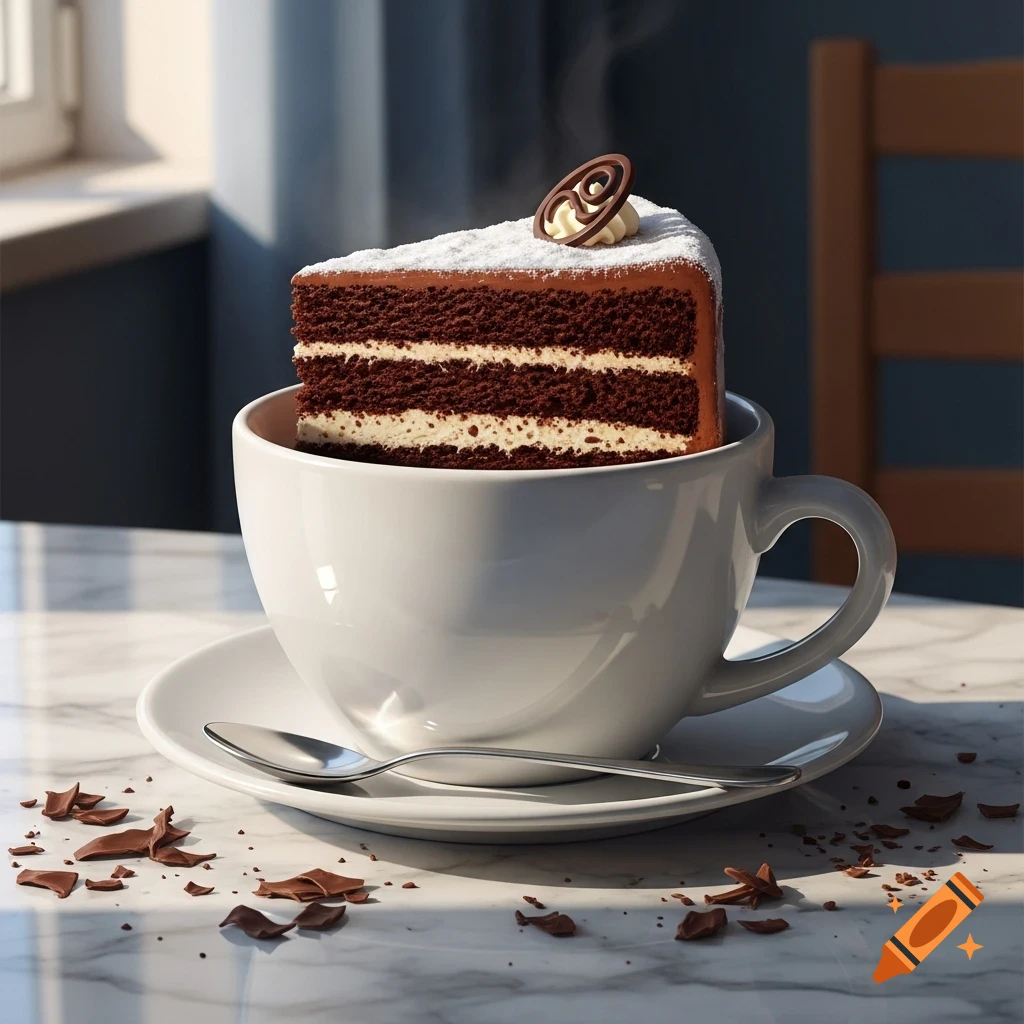 Photorealistic chocolate cake slice with powdered sugar in a white coffee cup on a marble table with chocolate shavings.
