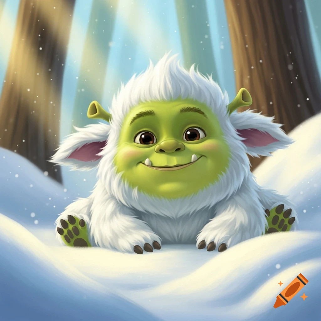 A cute, smiling baby creature with green skin, Shrek-like ears, and white fluffy yeti fur, resting in a snowy cartoon forest.