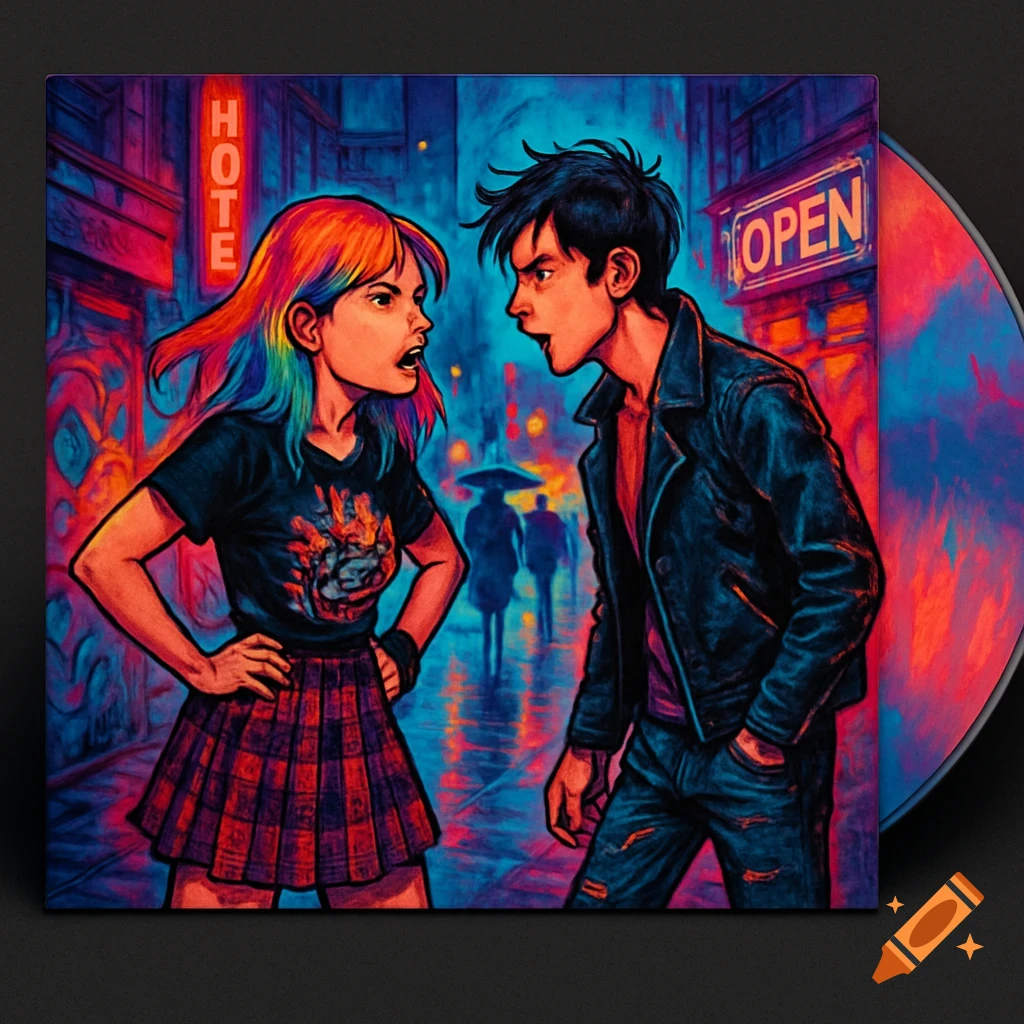 Comic art illustration of two teenagers arguing on a neon-lit urban street at night, with "HOTEL" and "OPEN" signs.