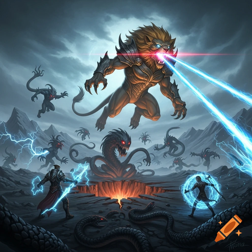 An armored lion with glowing eyes shoots lasers while two warriors fight shadowy monsters rising from a volcanic crack in a dark fantasy landscape.