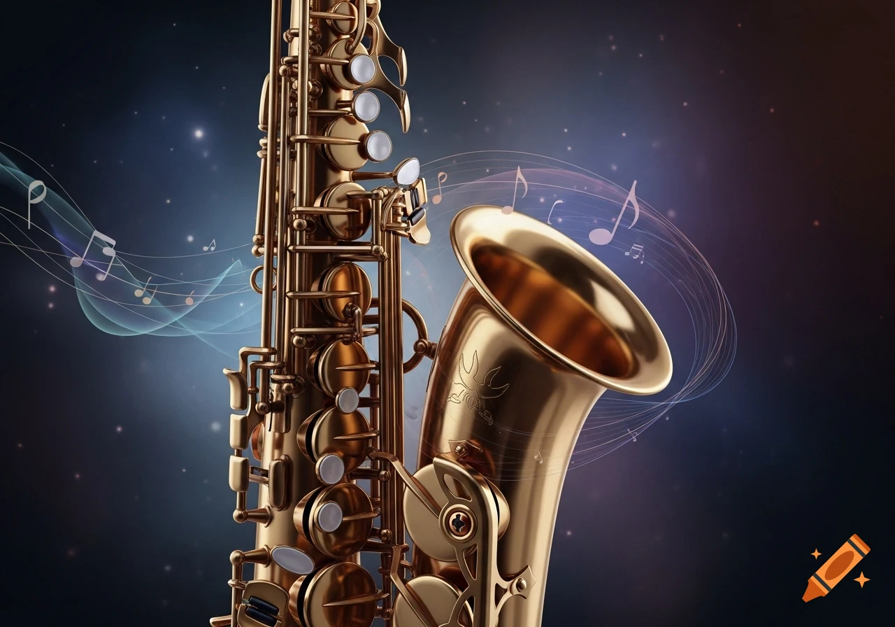 A close-up of a golden saxophone against a dark, starry background with floating musical notes.