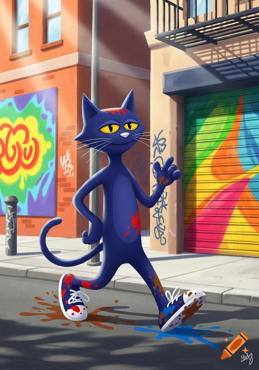 A blue cartoon cat, Pete the Cat, walks down a city street, covered in paint splatters, against a backdrop of colorful graffiti.