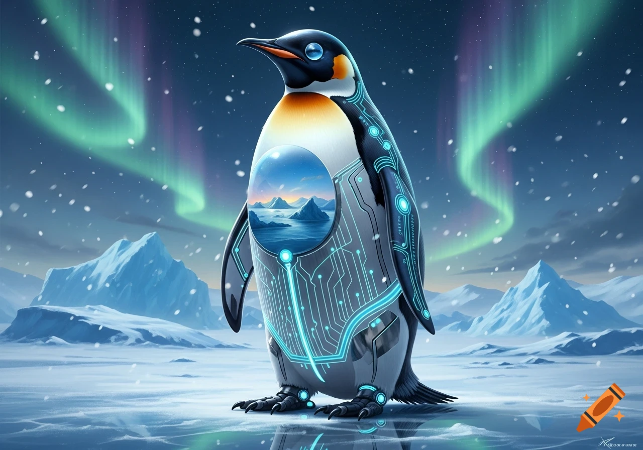 A cyborg penguin with glowing circuits and a landscape scene in its chest stands on ice in an arctic setting with aurora borealis.