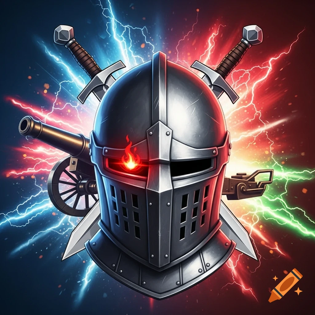 A heroic logo features a silver knight's helmet with a red fiery eye, crossed swords, and a cannon against a dramatic blue, red, and green lightning background.