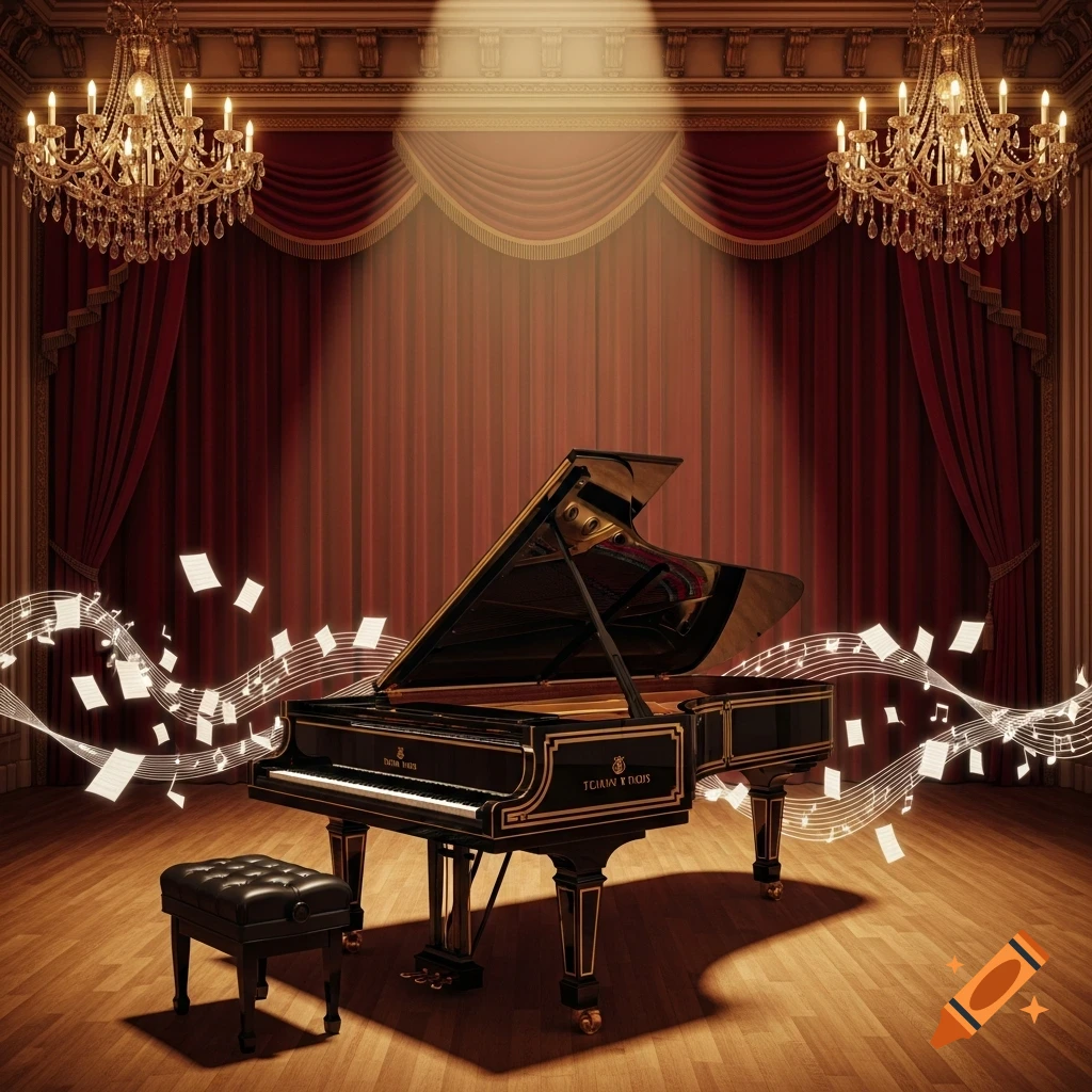 A grand piano sits on a wooden stage with red velvet curtains and two ornate chandeliers, with musical notes floating around it.