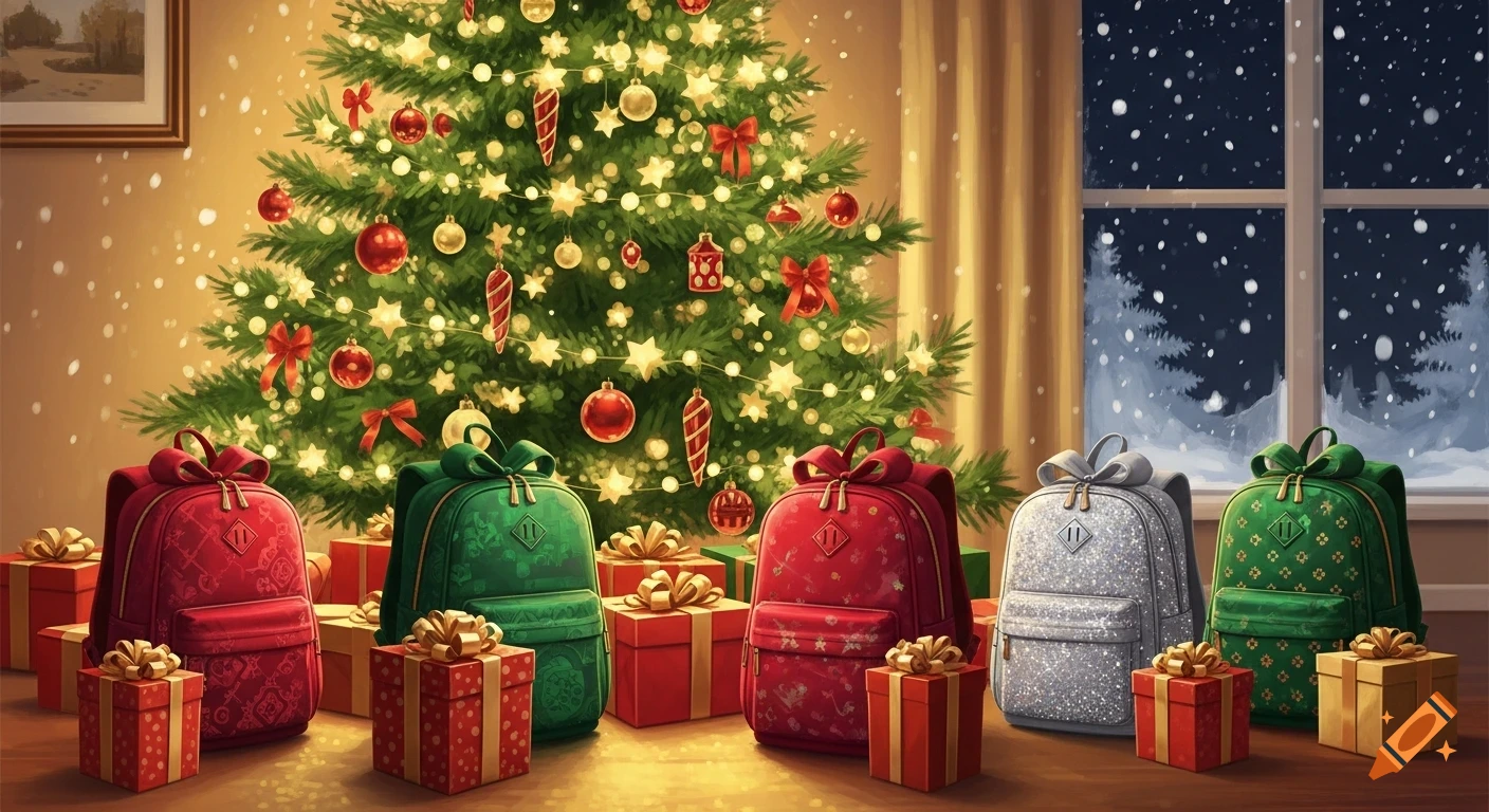 A decorated Christmas tree surrounded by colorful backpacks and gift-wrapped presents, with snow falling outside a window at night.