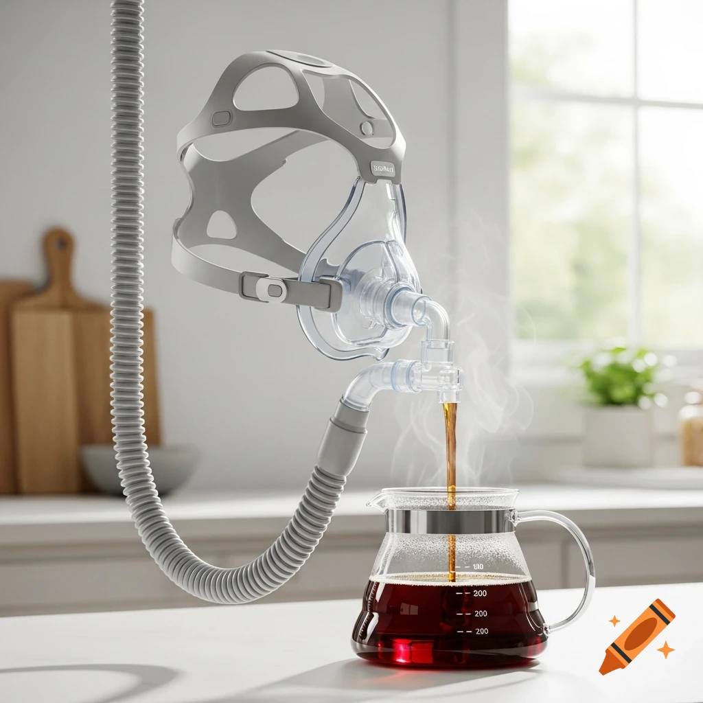 A photorealistic image of a gray CPAP full-face mask with a hose pouring hot coffee into a glass carafe on a white counter.