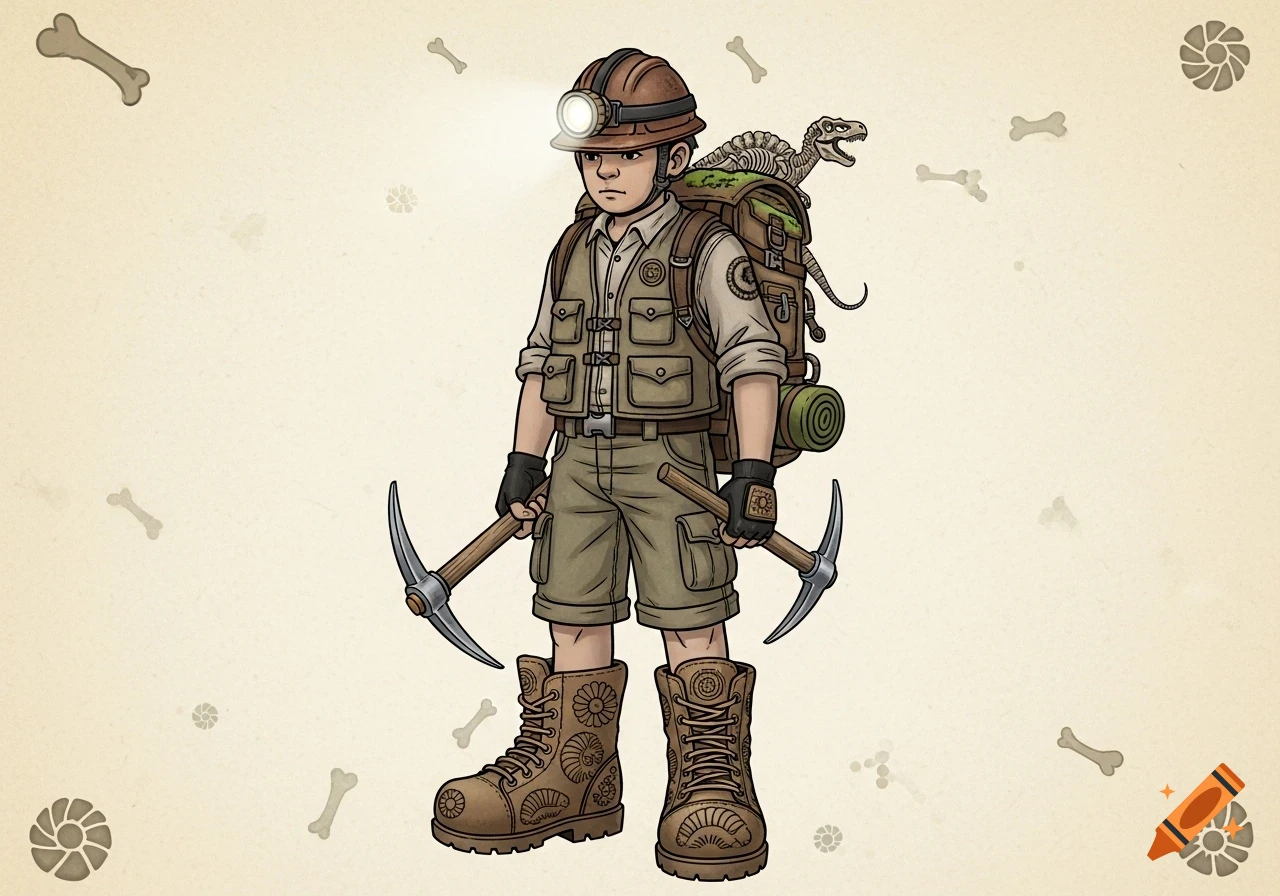 Illustrated child explorer with a headlamp helmet, vest, shorts, pickaxes, and a backpack with a dinosaur fossil skeleton.