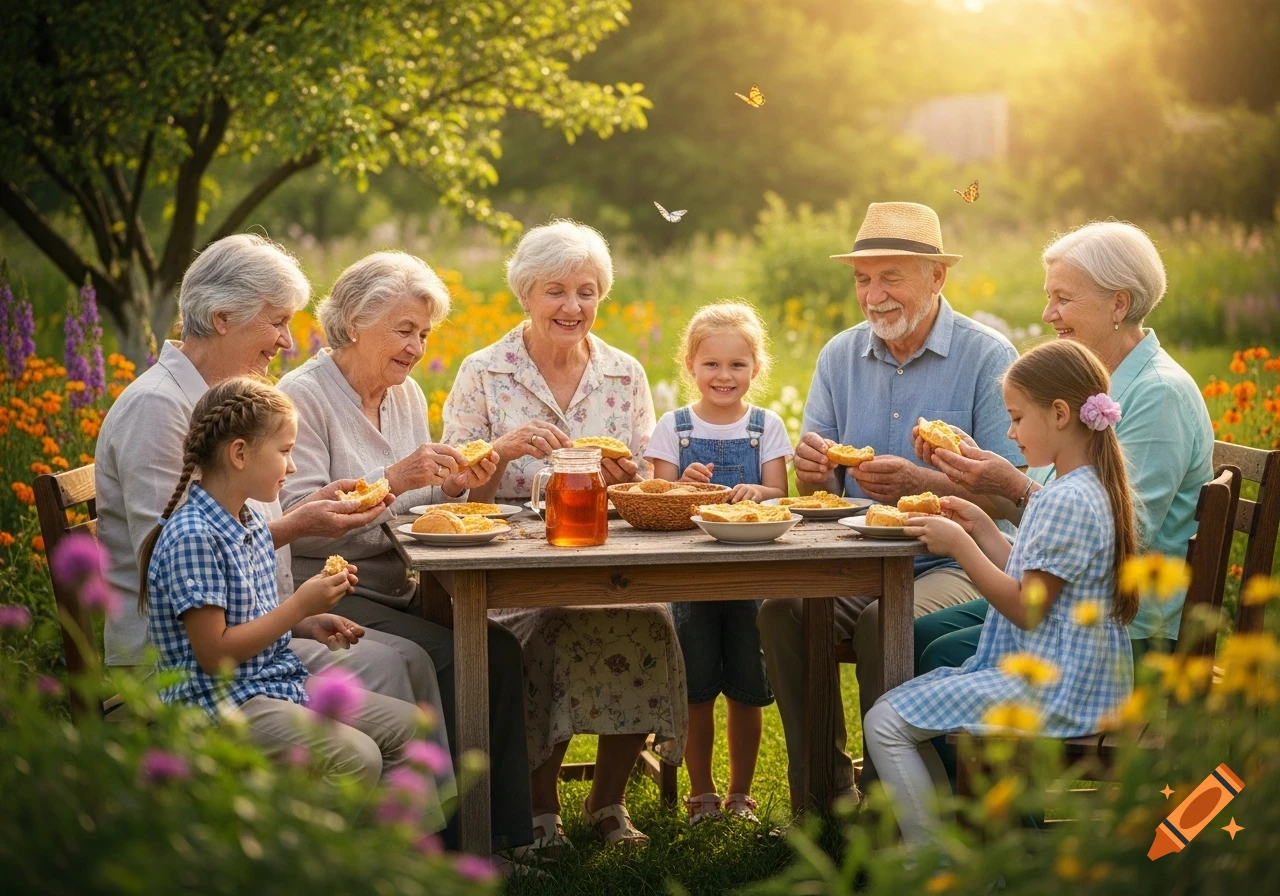 A multi-generational family, including grandparents and children, share a meal at a wooden table in a sunny, flower-filled garden.