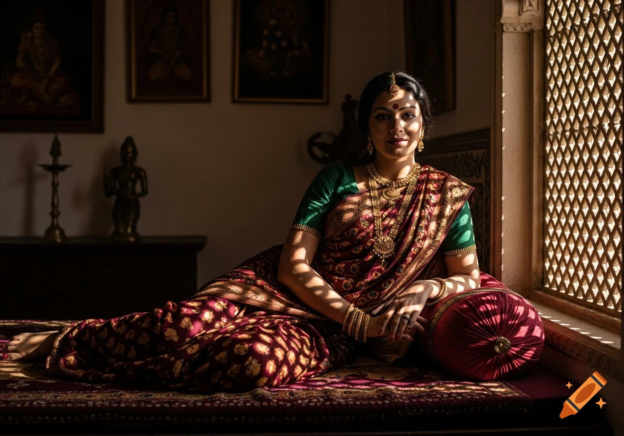 A woman in a maroon and gold saree and green blouse, adorned with ornate gold jewelry, reclines on a patterned mat by a sunlit window.