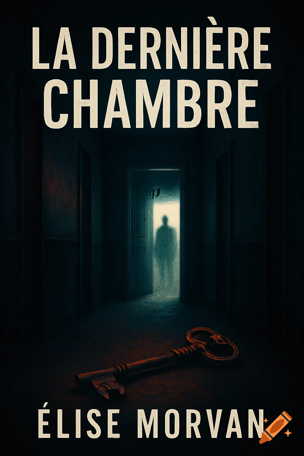 Dark, moody ebook cover featuring an old key on the floor in a dim hallway, with a shadowy figure visible in a brightly lit doorway at the end.