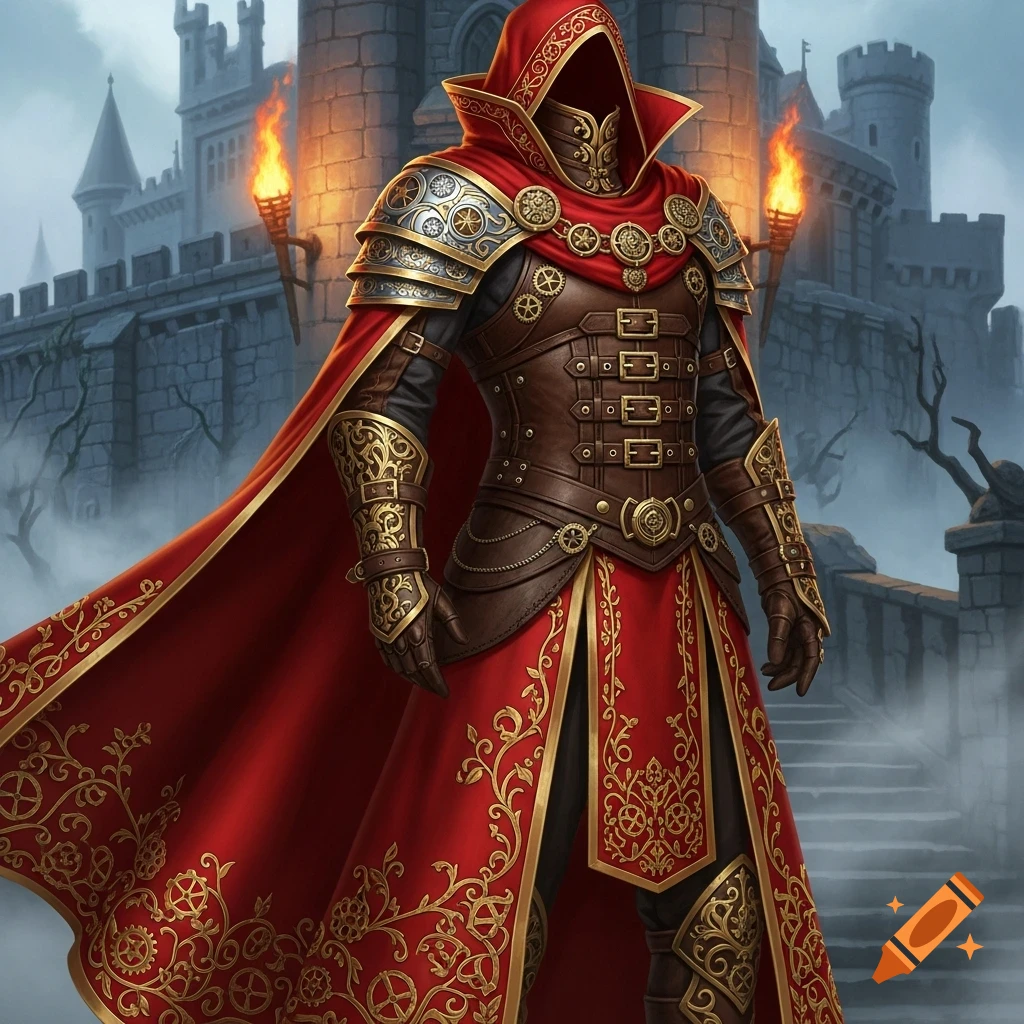 A hooded figure in ornate red and gold fantasy armor stands before a stone castle with burning torches.
