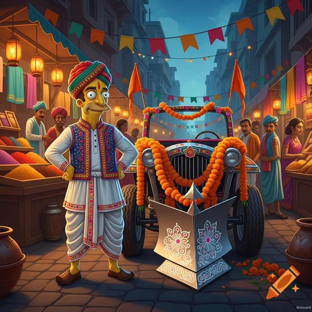 A cartoon character resembling Mr. Burns from The Simpsons in Indian attire stands in a festive market street with a decorated car.