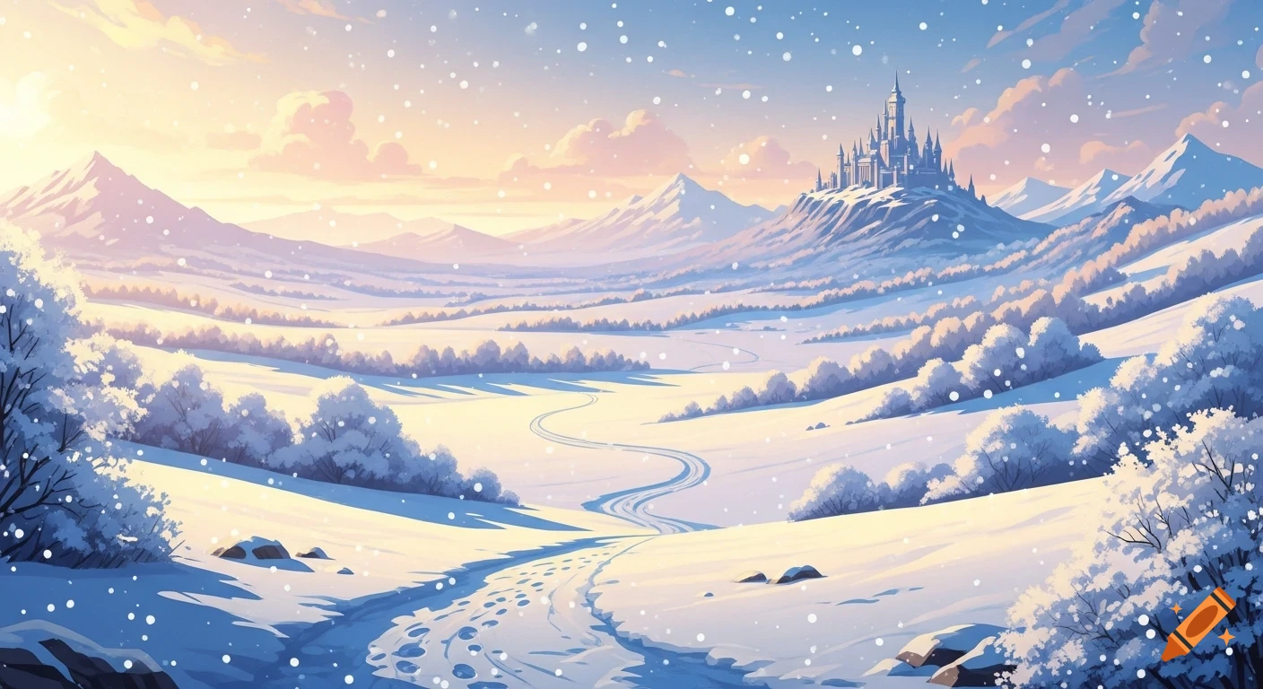 Illustrated snowy mountain landscape with a majestic castle, winding path, and falling snowflakes under a pastel sky.