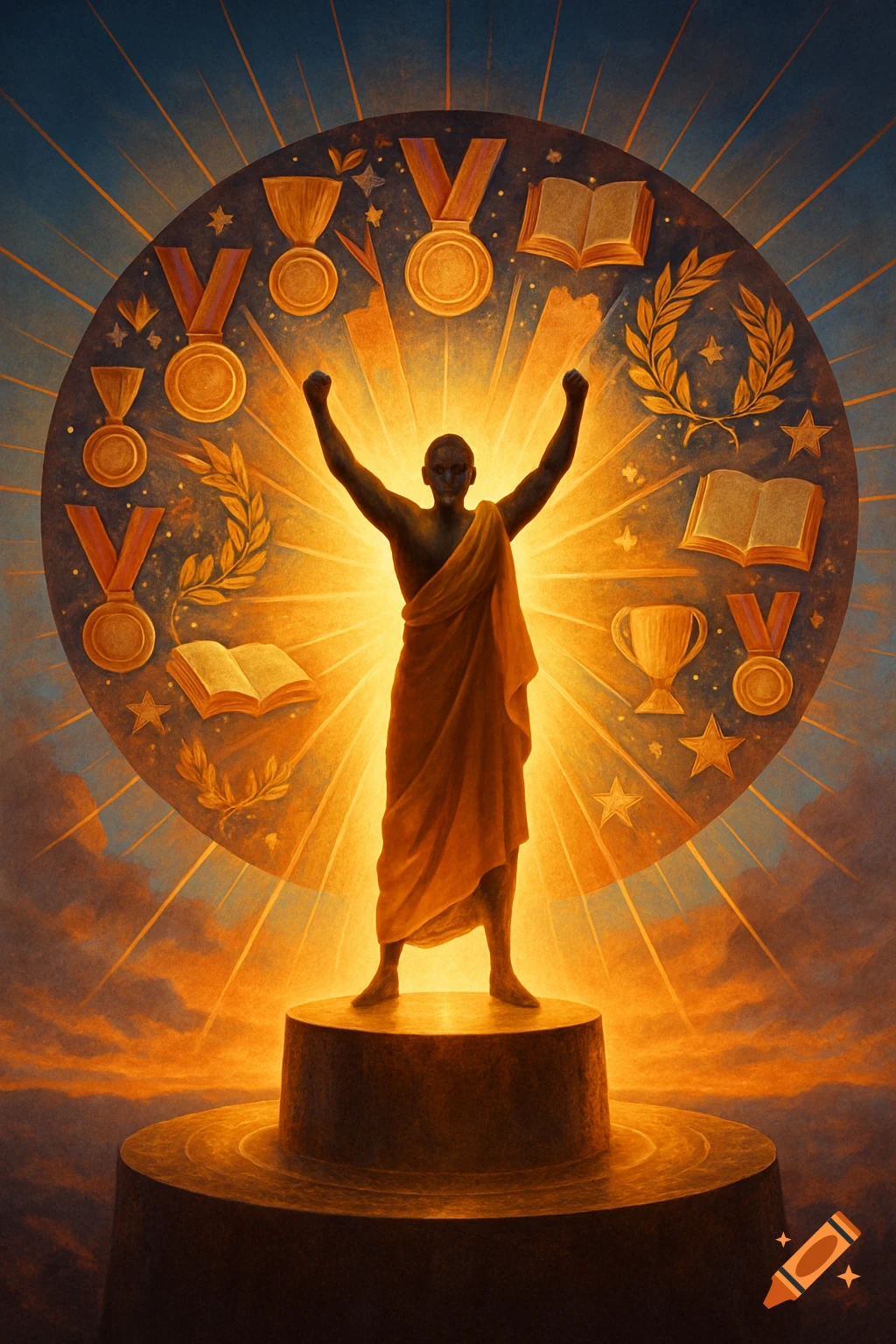 Triumphant figure on a pedestal with arms raised, surrounded by glowing medals, books, and stars in a symbolic illustration.