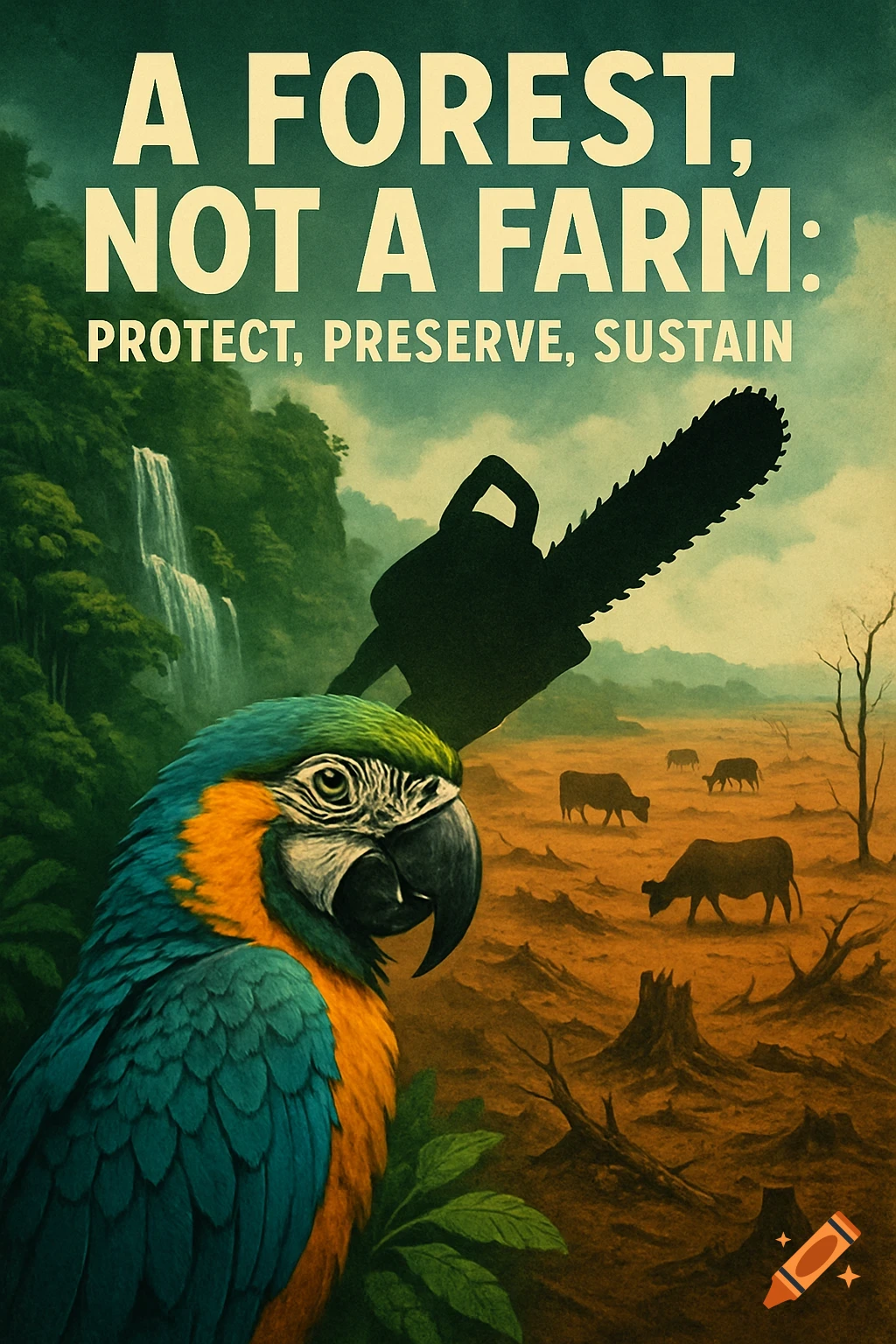 Environmental poster with a macaw, a lush rainforest, and a deforested land with cows and a chainsaw silhouette, featuring the text 'A FOREST, NOT A FARM: PROTECT, PRESERVE, SUSTAIN'.