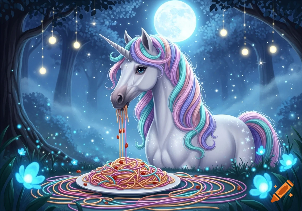 White unicorn with a rainbow mane eating colorful spaghetti in a magical blue forest under a full moon, with glowing flowers.