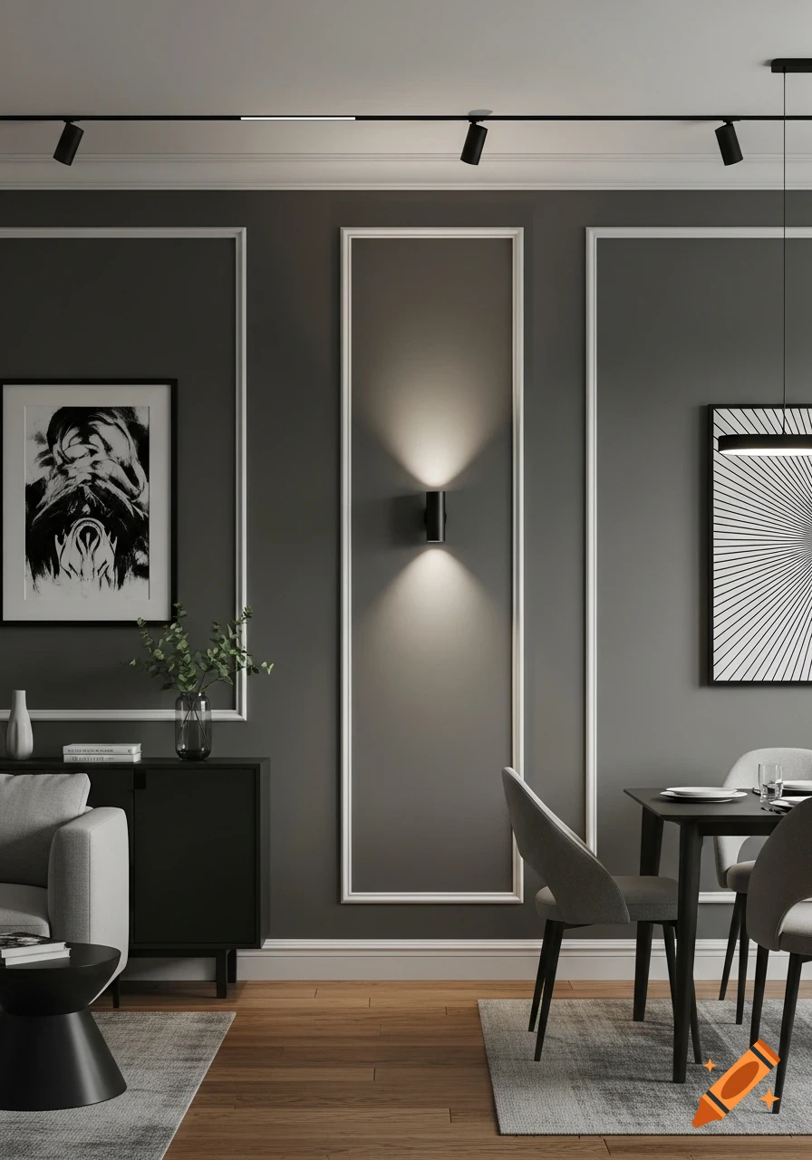 Modern living and dining room with dark gray walls, white decorative molding, minimalist furniture, and track lighting.