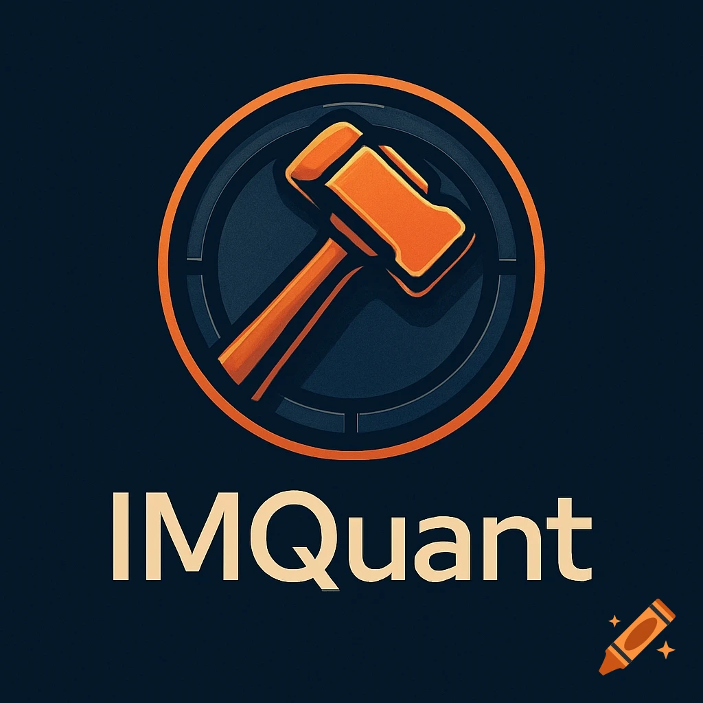 A modern emblem featuring an orange hammer inside a dark navy blue circle, with the text "IMQuant" below.