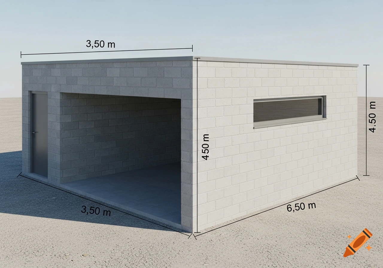 Modern rectangular garage render with light gray block walls, flat roof, door, window, and precise dimensions marked.