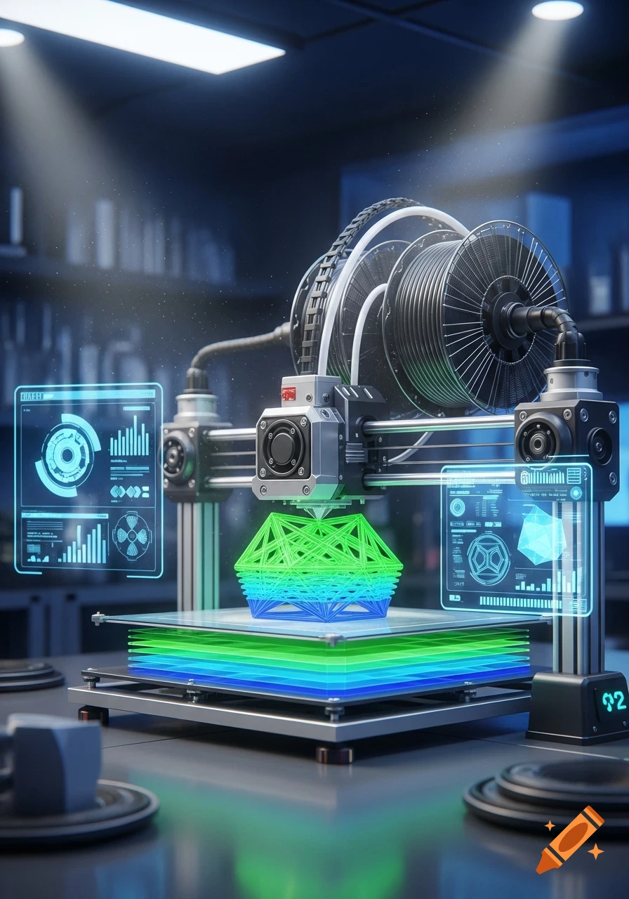 A detailed shot of a futuristic 3D printer creating a vibrant green and blue geometric structure in a dimly lit lab.