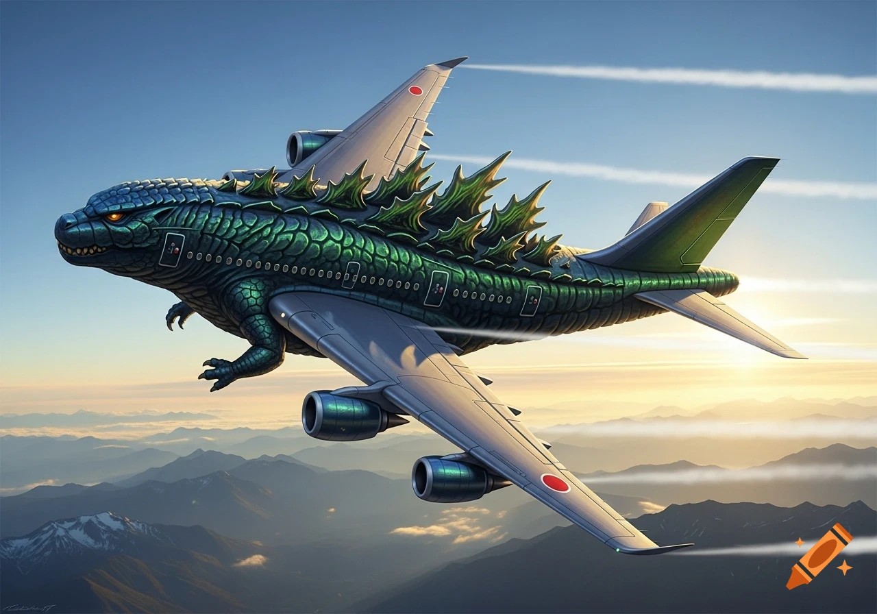 A green, scaly Godzilla-shaped airplane with large dorsal fins flies over a mountain range at sunset.