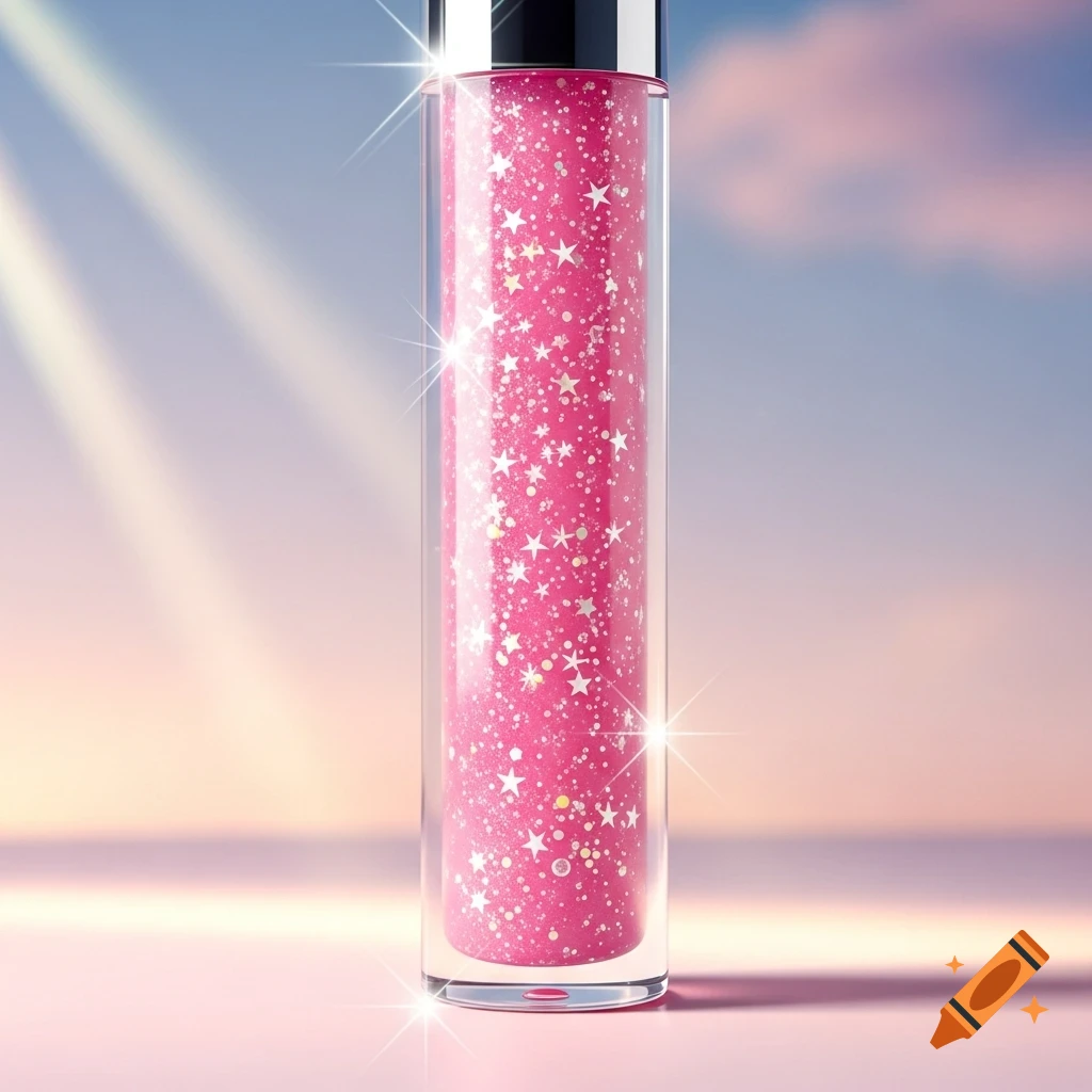 A close-up of a shimmering pink lipgloss tube with white stars inside, set against a soft, pastel sky with sunrays.