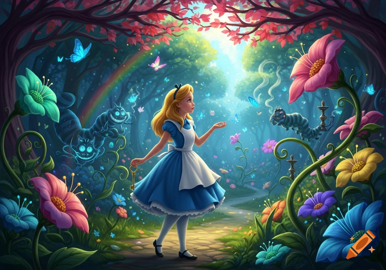 Alice in Wonderland stands in a vibrant magical forest with glowing Cheshire cats, a smoking caterpillar, and giant colorful flowers.