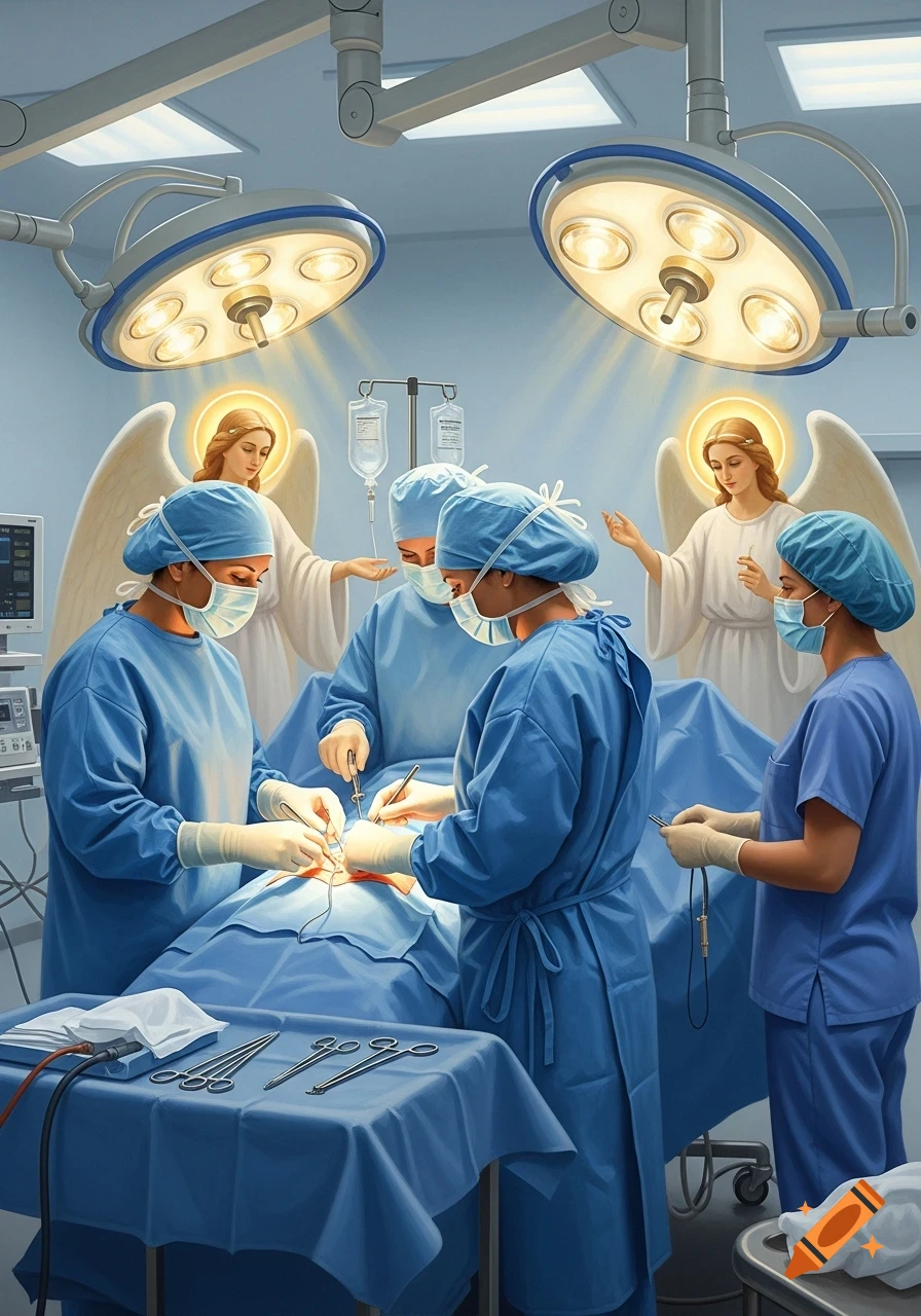 Surgeons and nurses in blue scrubs perform surgery in an operating room, watched over by two ethereal angels with halos and wings.