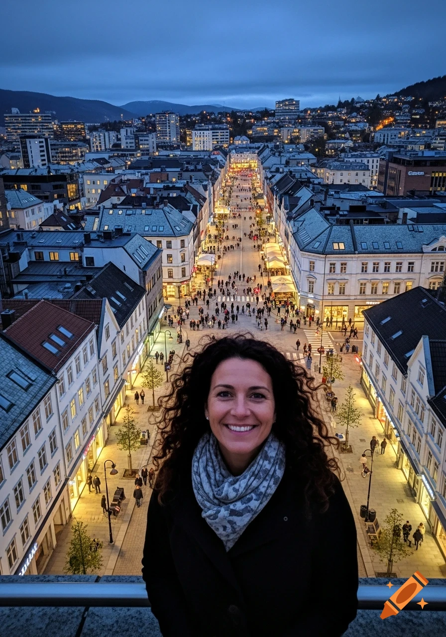 Smiling woman with curly hair overlooks a bustling city street at dusk ...