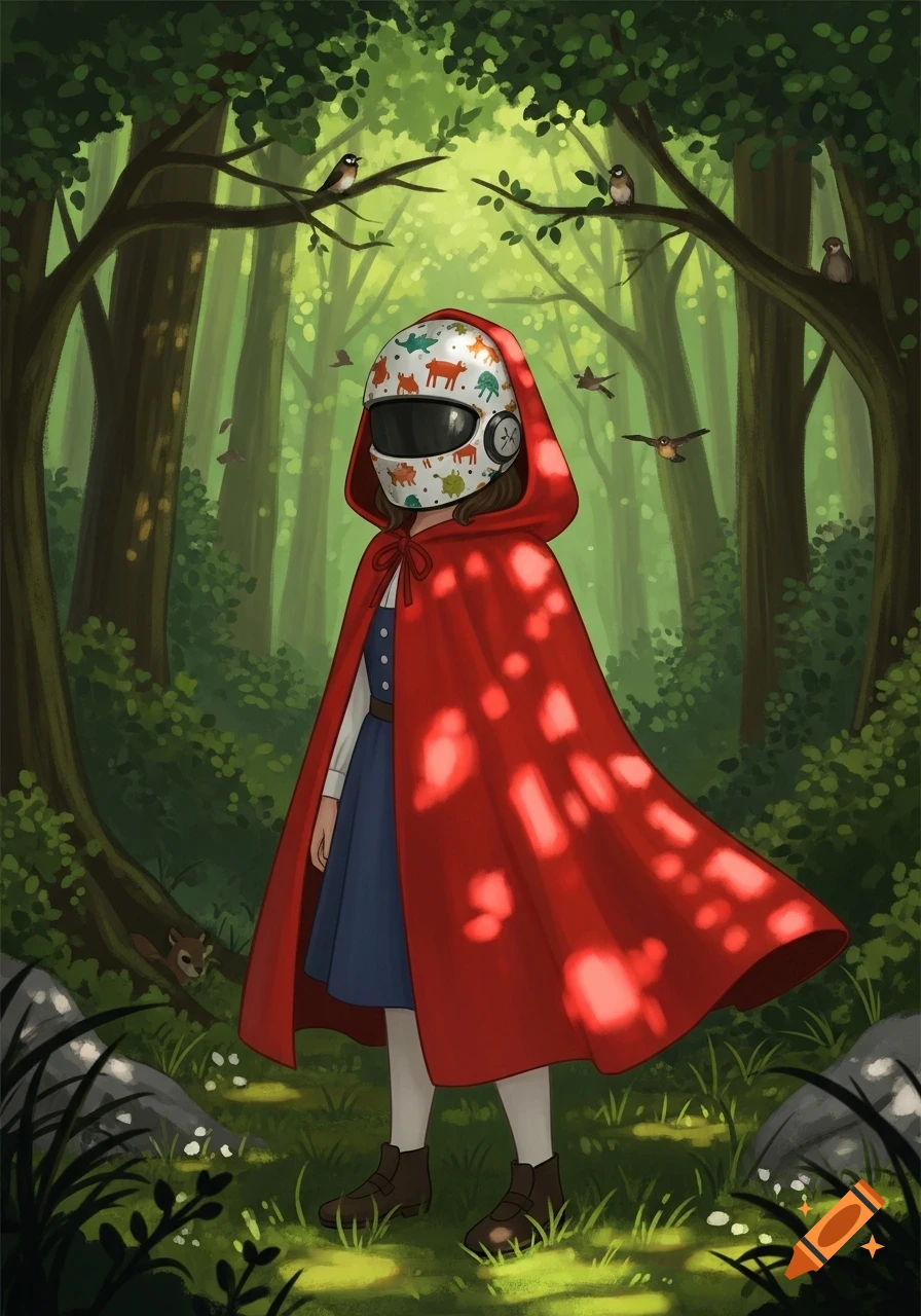 An illustrated character resembling Little Red Riding Hood wearing a white helmet with animal patterns and a red cloak, standing in a forest.