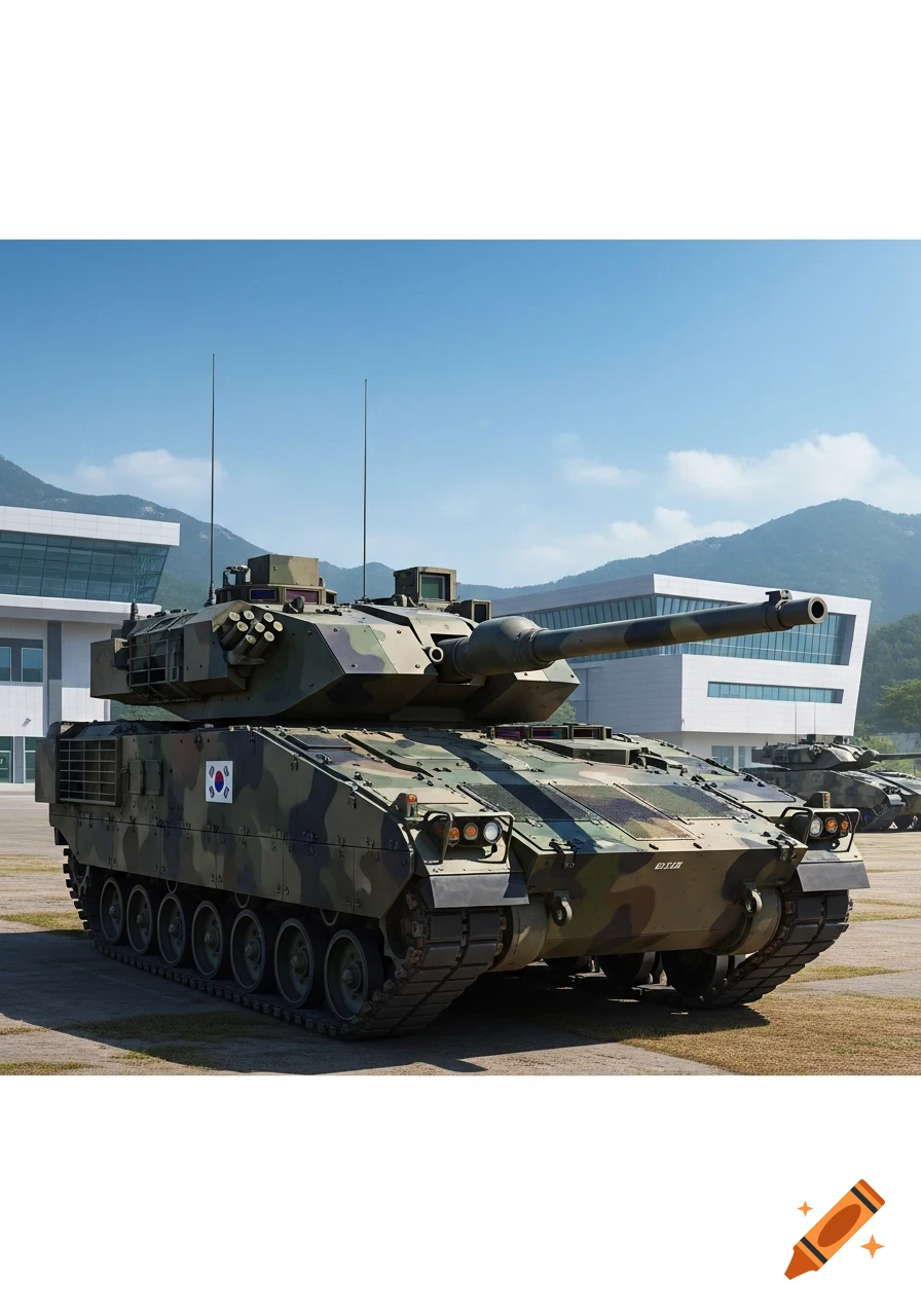 A camouflaged South Korean K2 Black Panther main battle tank on a paved ground with modern buildings and mountains in the background.