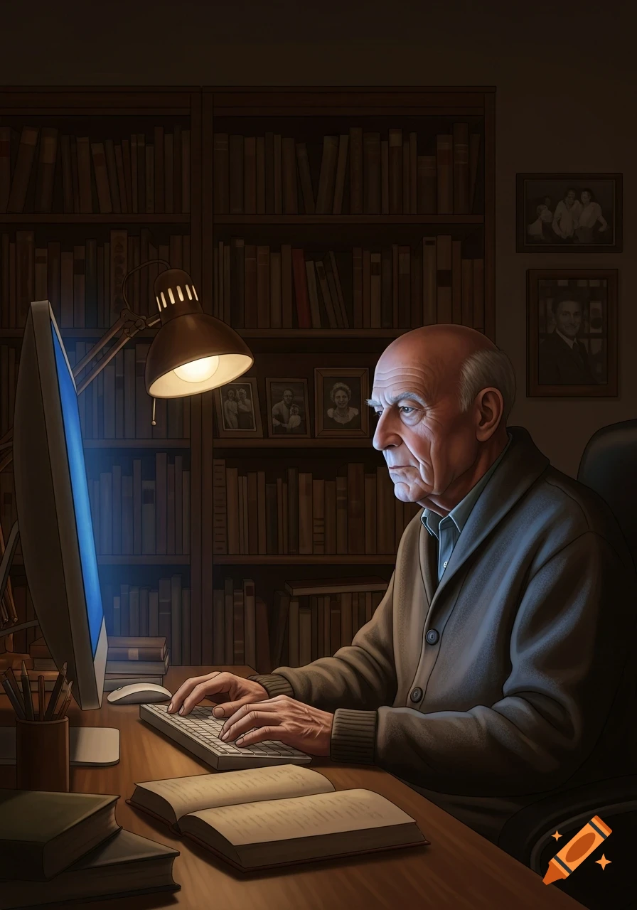 Bald old man typing at a computer desk in a dimly lit study with bookshelves, light from a lamp and screen.