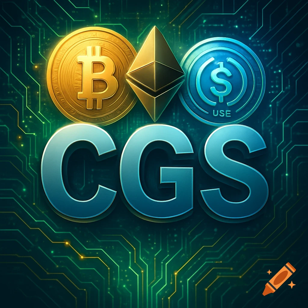 CGS letters and cryptocurrency coins (Bitcoin, Ethereum, and a dollar sign coin) on a glowing circuit board background.