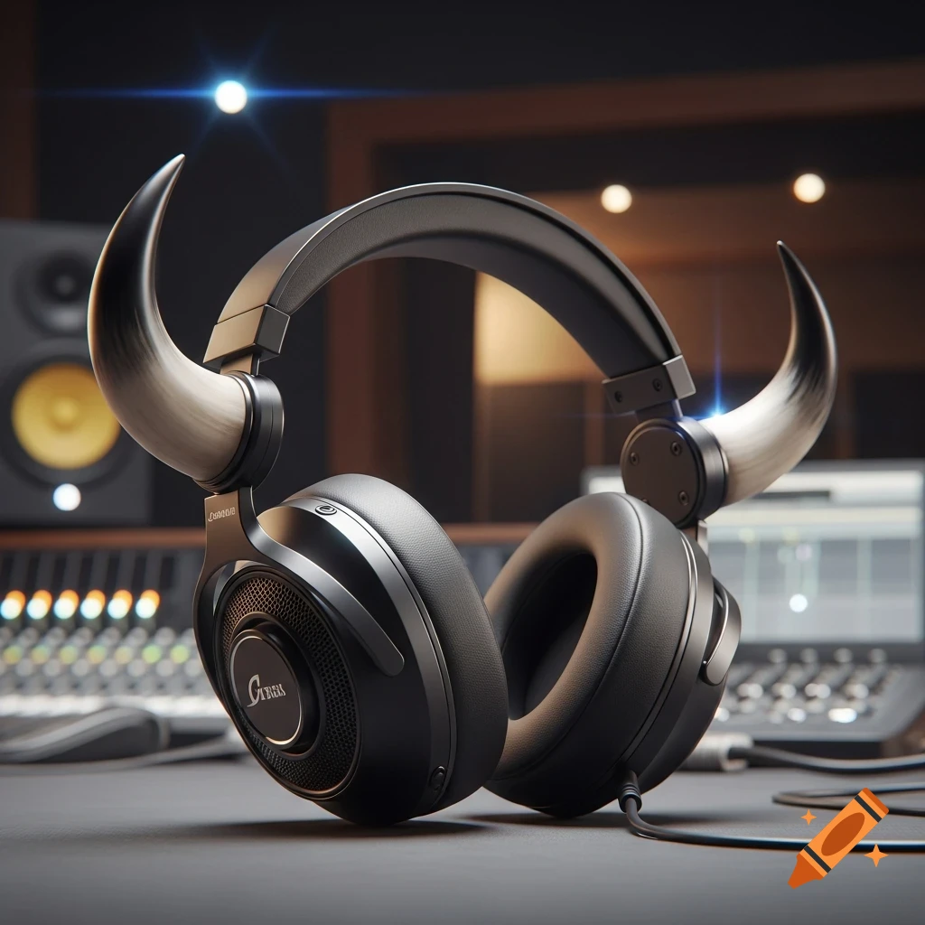 Photorealistic black over-ear studio headphones with bull horns rest on a table in a dimly lit music studio.