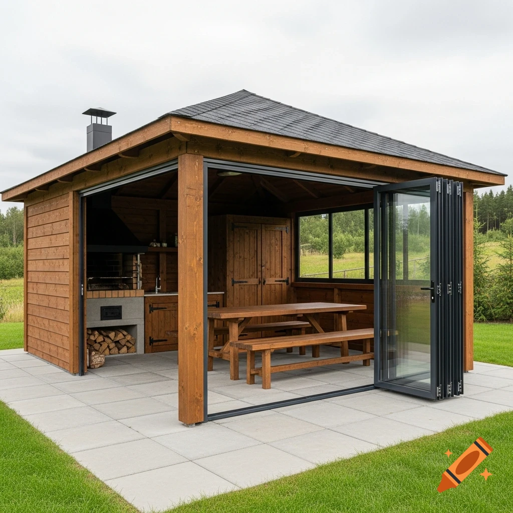 Rustic wooden outdoor pavilion with a dark shingled roof, built-in grill, wooden picnic table, and folding glass doors on a concrete patio.