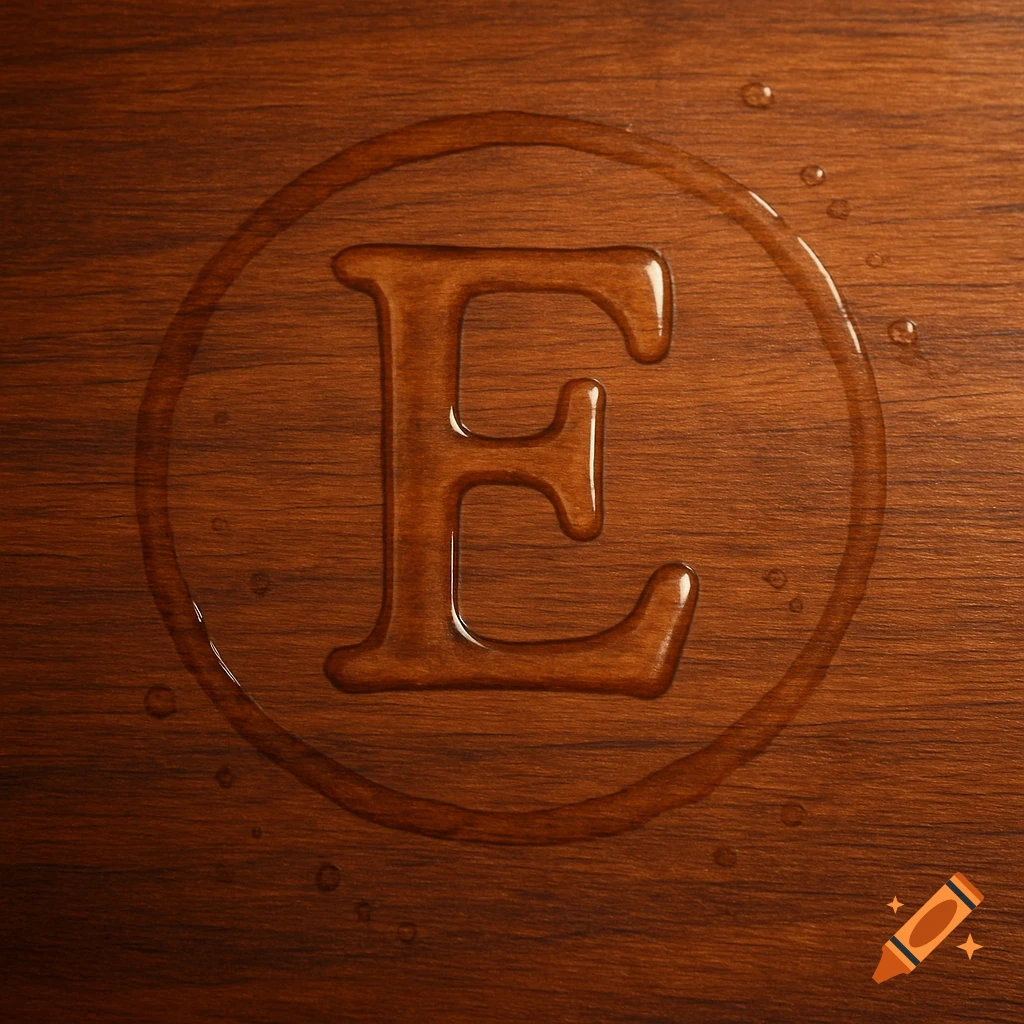 The letter E formed by a water stain on a wooden table, with a water ring around it.