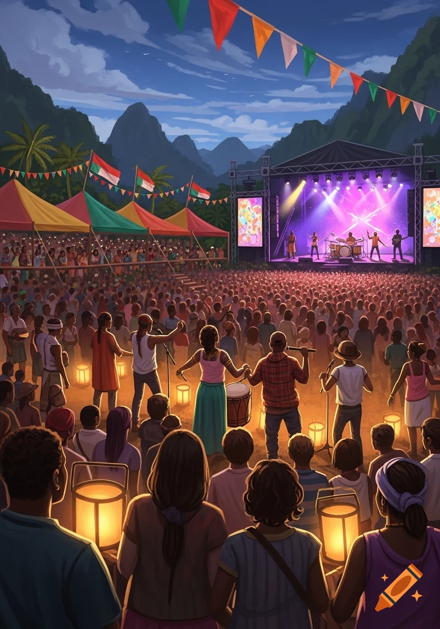 Lively outdoor music festival at dusk, large diverse crowd watches a band on a brightly lit stage with mountains, flags, and tents.