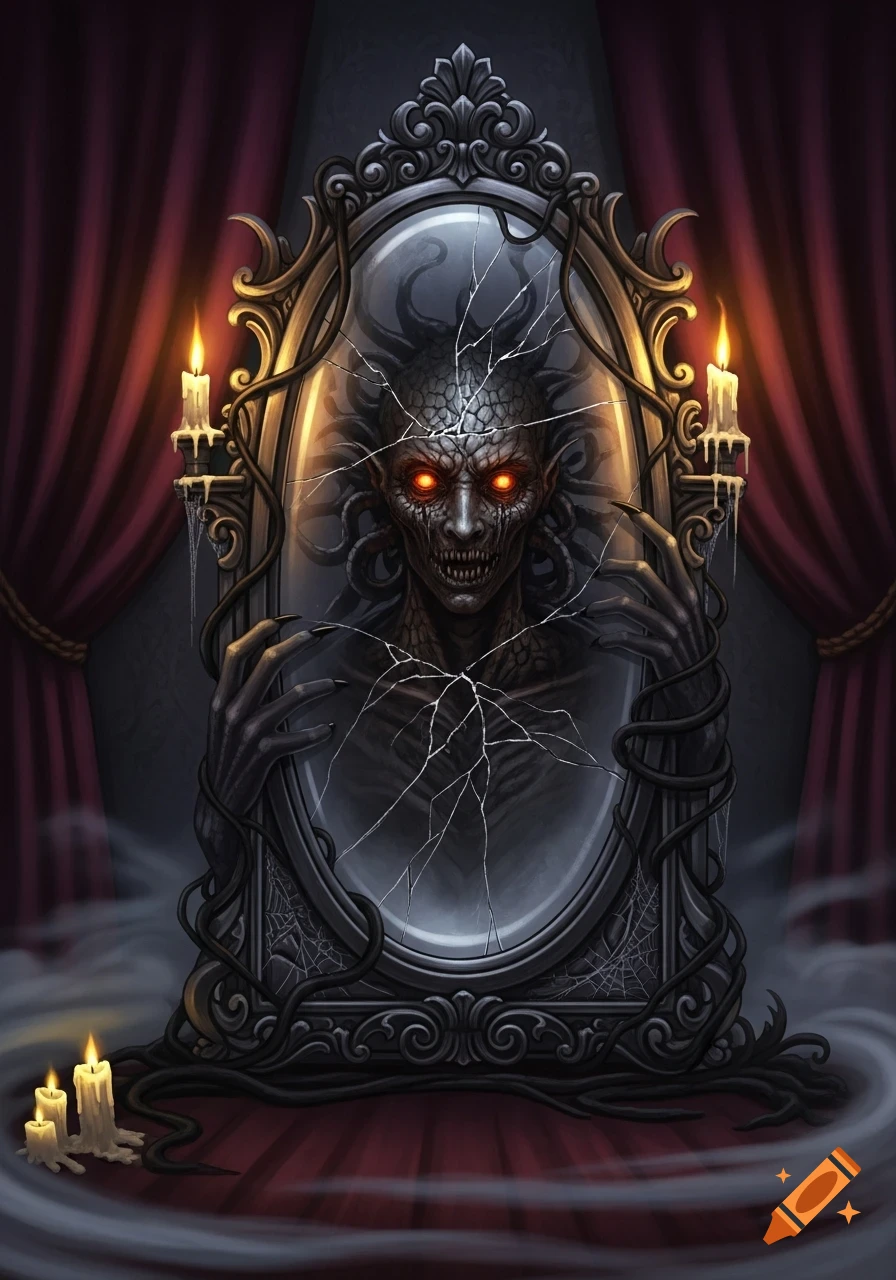 A monstrous creature with glowing red eyes and sharp teeth emerges from ...